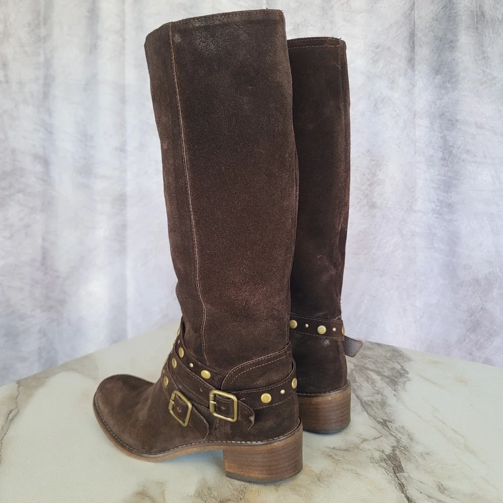 Barneys New York Suede Boots Knee High Biker Women's 36 Studded Buckle